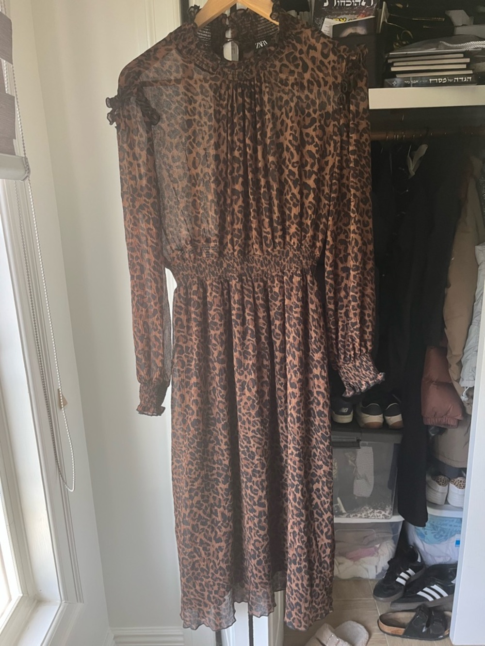 Zara Brown Leopard Print Long Sleeve Midi Dress with Ruffle Neck size small